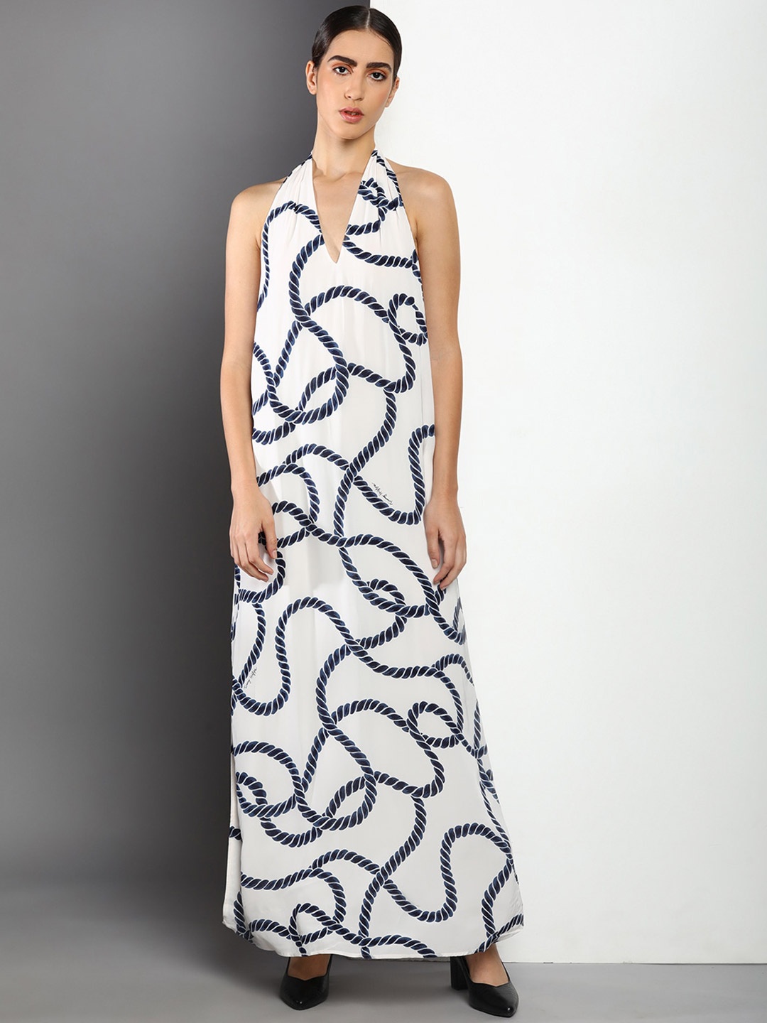 

Tommy Hilfiger Abstract Printed Side Slit Tie-Up Detail Maxi A-Line Dress, White