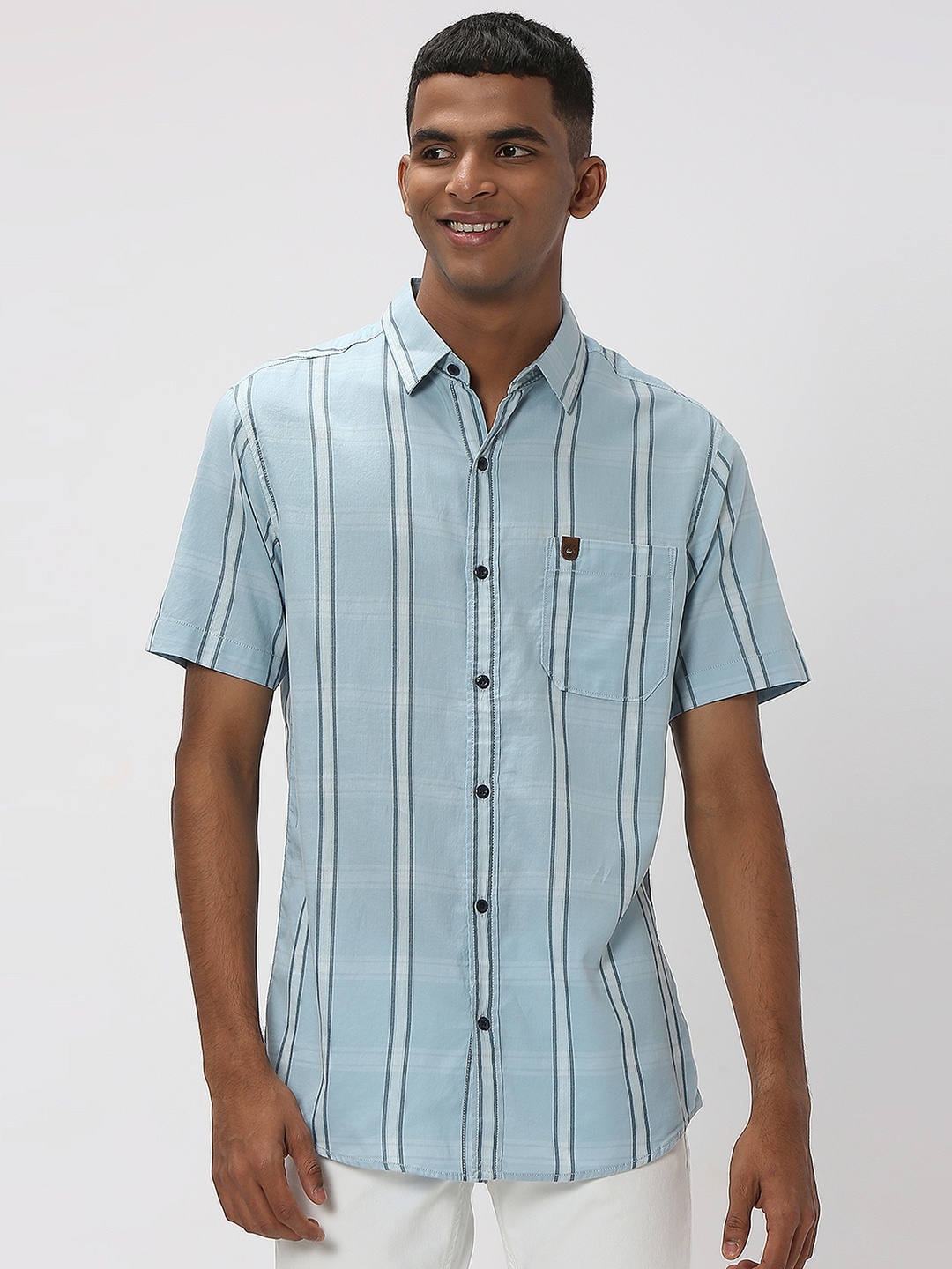 

Mufti Plus Size Trim Vertical Striped Slim Fit Pure Cotton Casual Shirt, Blue