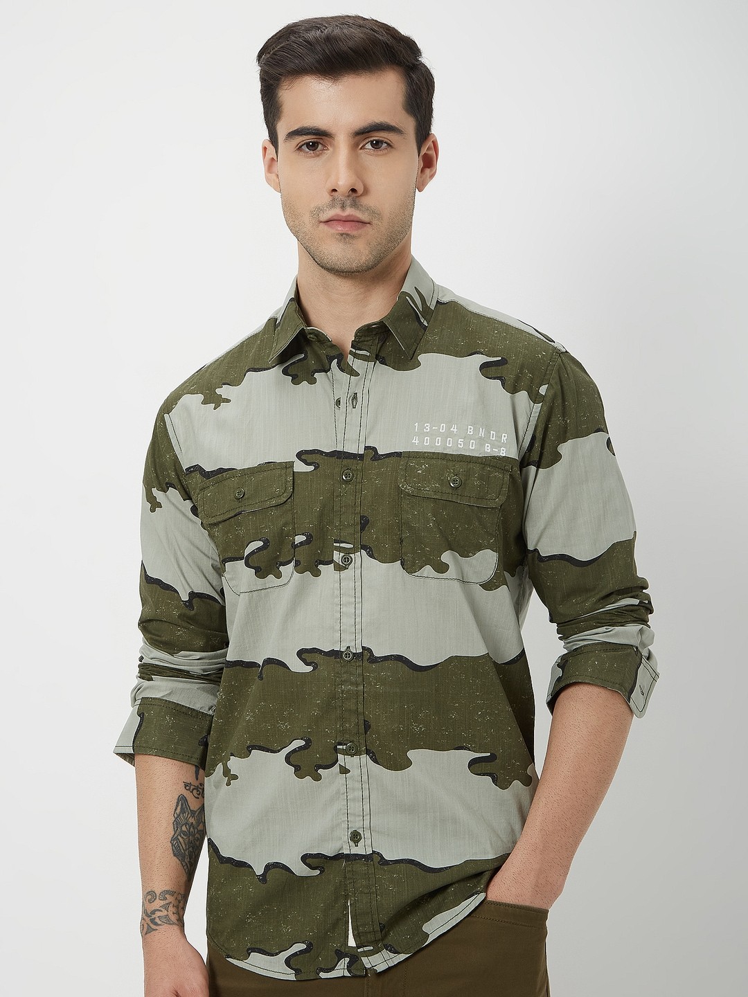 Mufti Plus Size Printed Trim Slim Fit Pure Cotton Casual Shirt, Olive