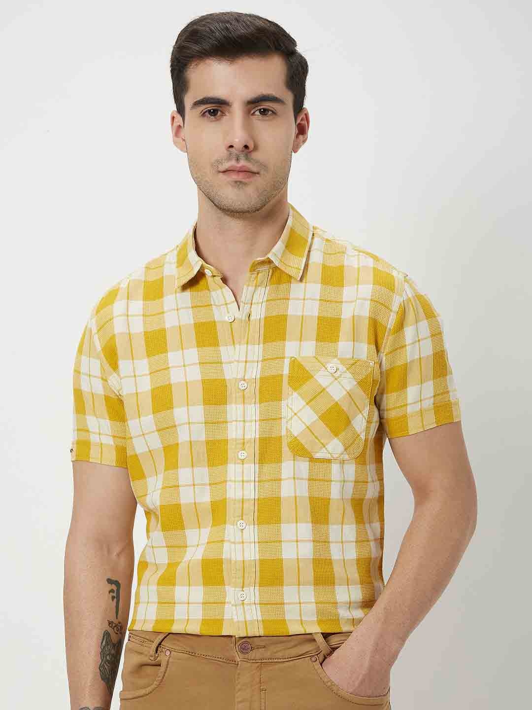 

Mufti Trim Slim Fit Tartan Checked Casual Cotton Shirt, Mustard