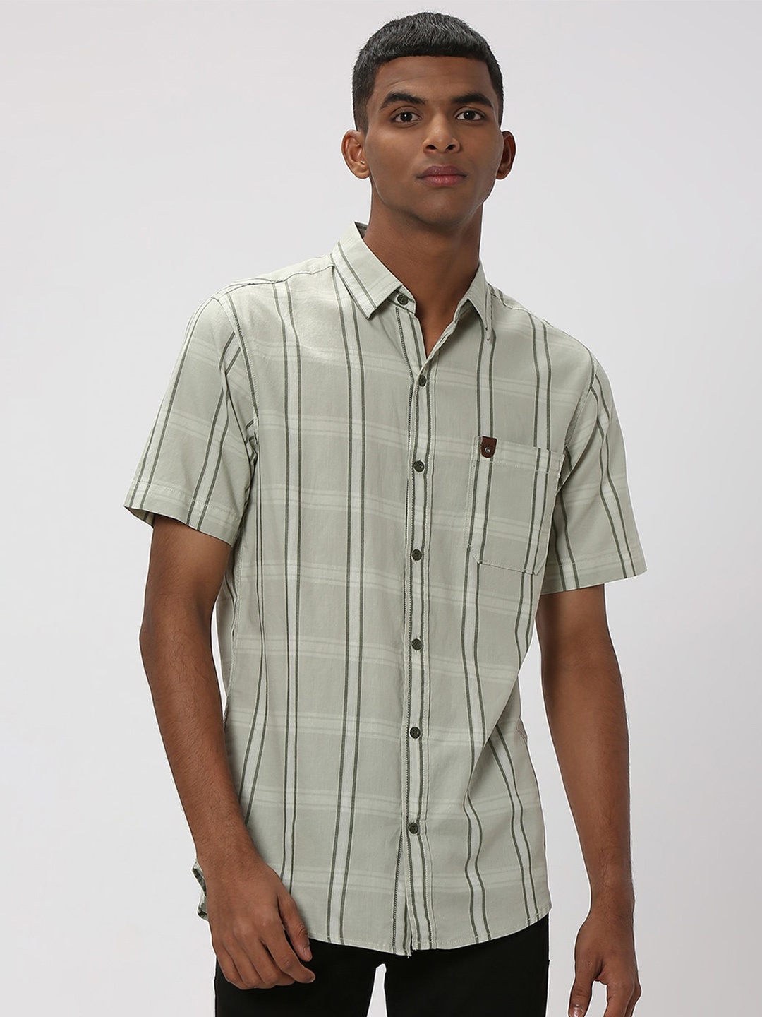 

Mufti Trim Plus Size Slim Fit Tartan Checked Pure Cotton Casual Shirt, Olive