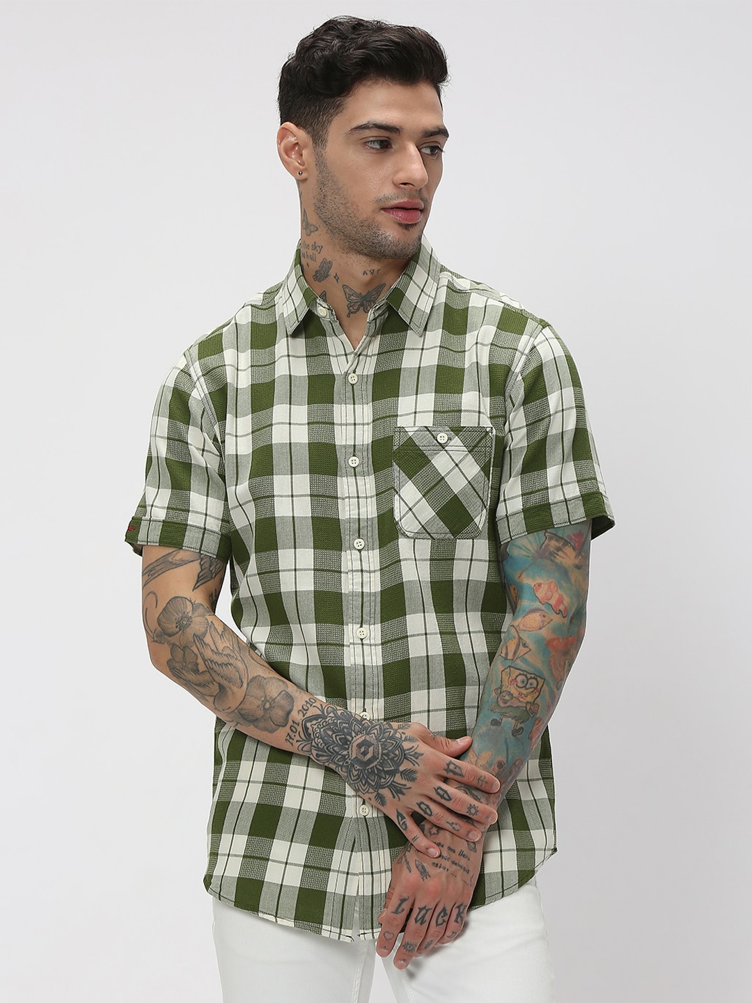 

Mufti Men Trim Slim Fit Tartan Checks Sheer Casual Cotton Shirt, Olive