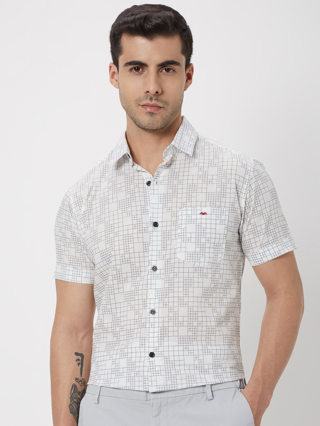 

Mufti Trim Slim Fit Micro Checks Checked Pure Cotton Casual Shirt, Off white