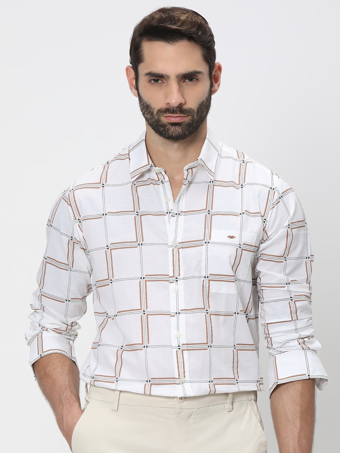 

Mufti Trim Slim Fit Windowpane Checked Casual Cotton Shirt, White