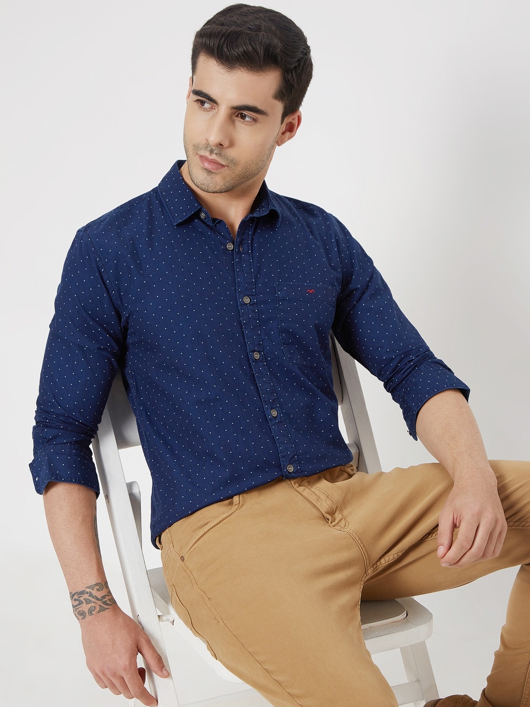 

Mufti Trim Slim Fit Micro Ditsy Printed Pure Cotton Casual Shirt, Blue
