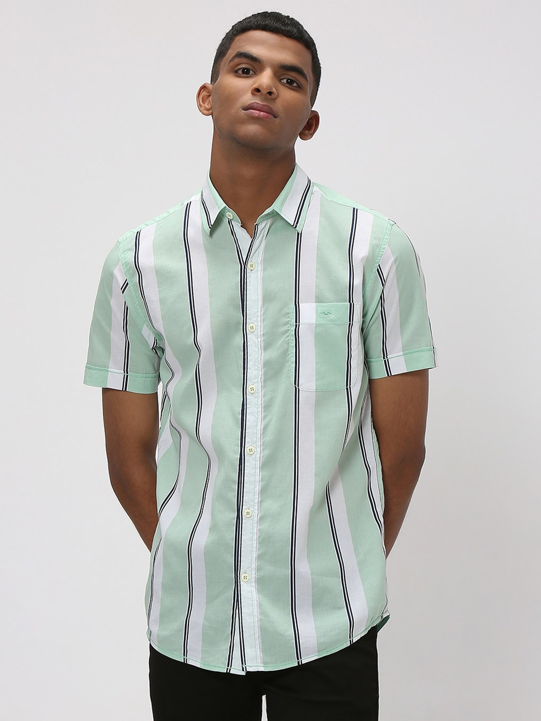 

Mufti Trim Slim Fit Striped Casual Cotton Shirt, Green