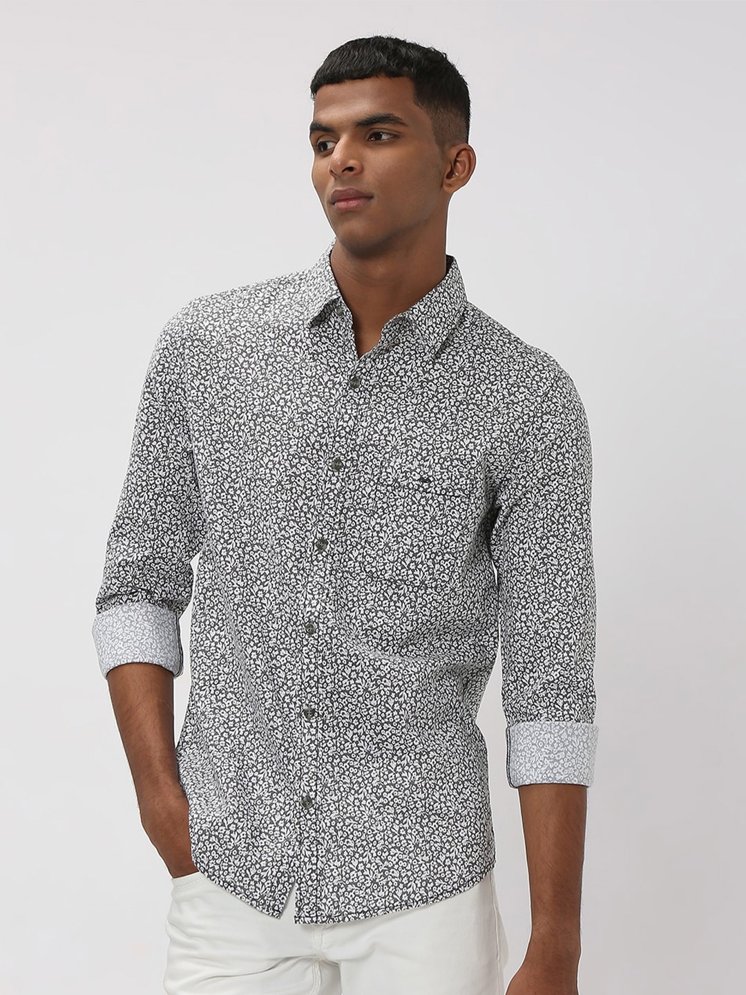 

Mufti Trim Slim Fit Floral Printed Casual Cotton Linen Shirt, Grey