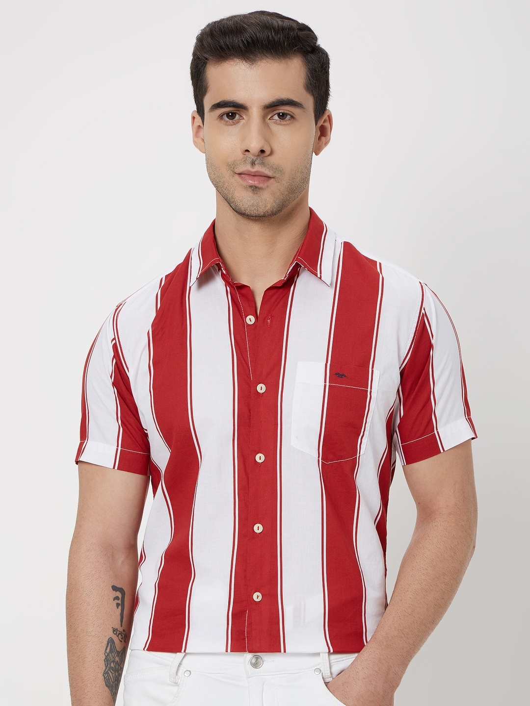 

Mufti Striped Pure Cotton Slim Fit Trim Casual Shirt, Red