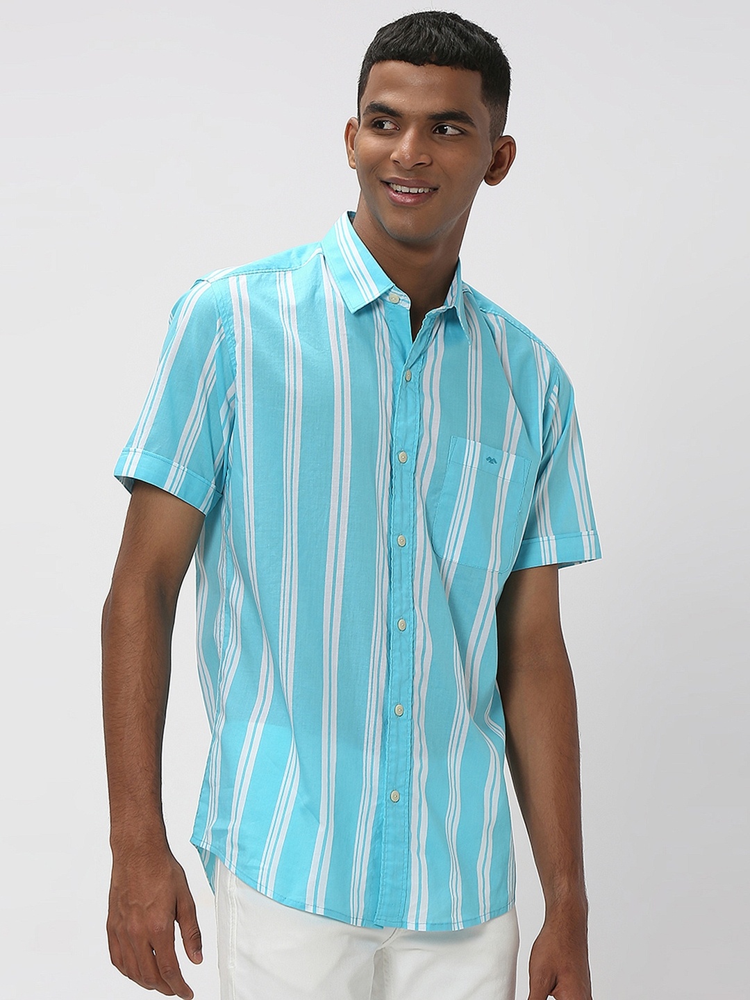 

Mufti Men Trim Slim Fit Striped Casual Cotton Shirt, Turquoise blue