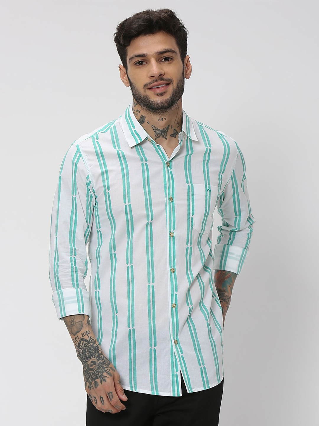 

Mufti Men Trim Slim Fit Sheer Striped Casual Cotton Shirt, Green