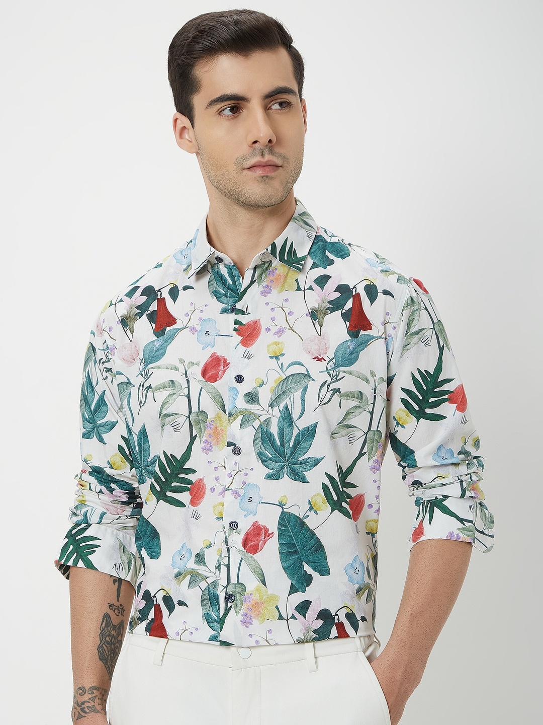 

Mufti Trim Slim Fit Floral Printed Cotton Casual Shirt, White