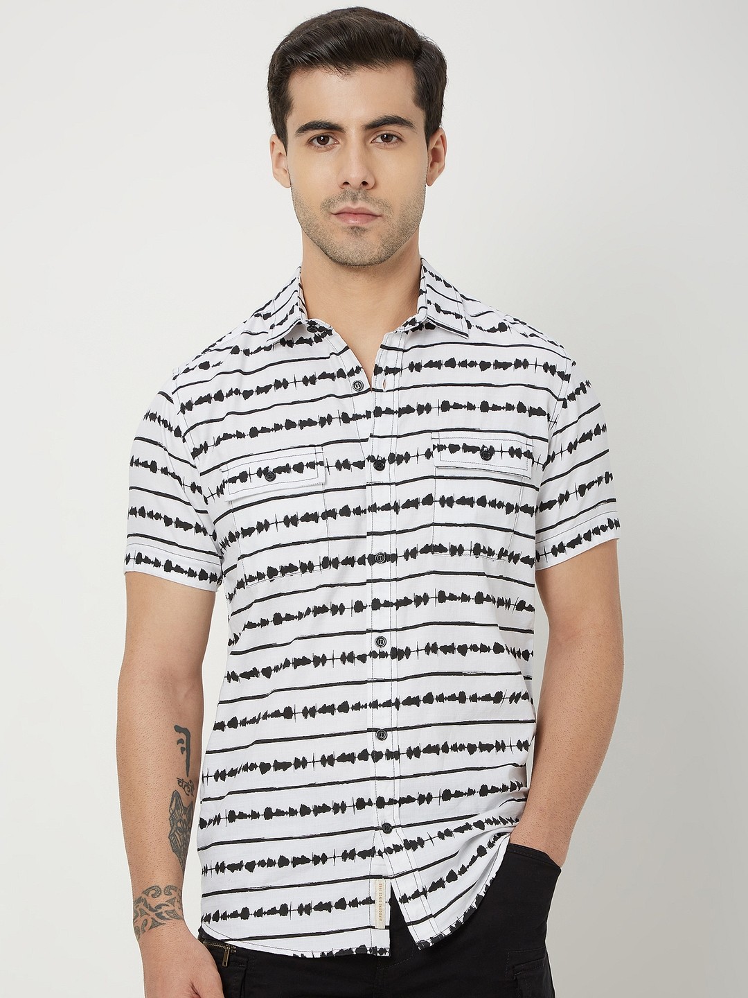 

Mufti Trim Slim Fit Horizontal Striped Pure Cotton Casual Shirt, White