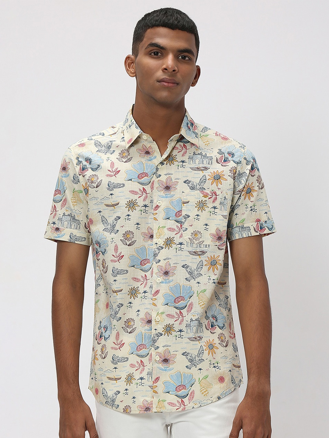 

Mufti Floral Printed Pure Cotton Slim Fit Casual Shirt, Off white