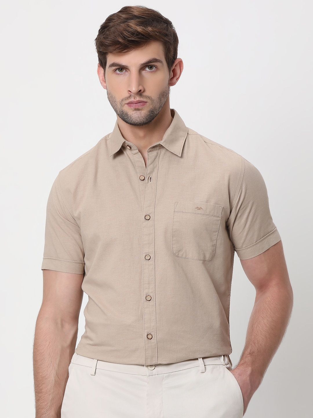 

Mufti Men Trim Slim Fit Sheer Casual Cotton Linen Shirt, Khaki