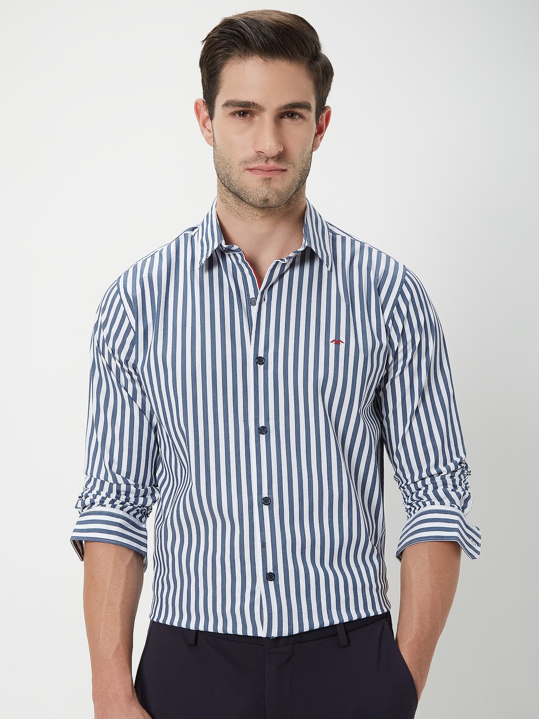 

Mufti Plus Size Trim Slim Fit Striped Pure Cotton Casual Shirt, Navy blue