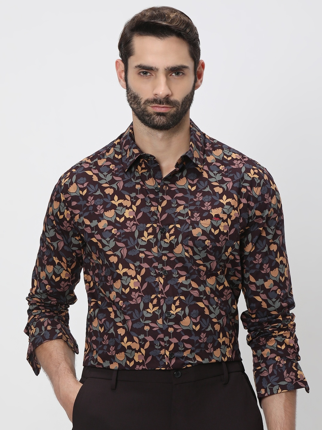 

Mufti Trim Slim Fit Floral Printed Pure Cotton Casual Shirt, Maroon