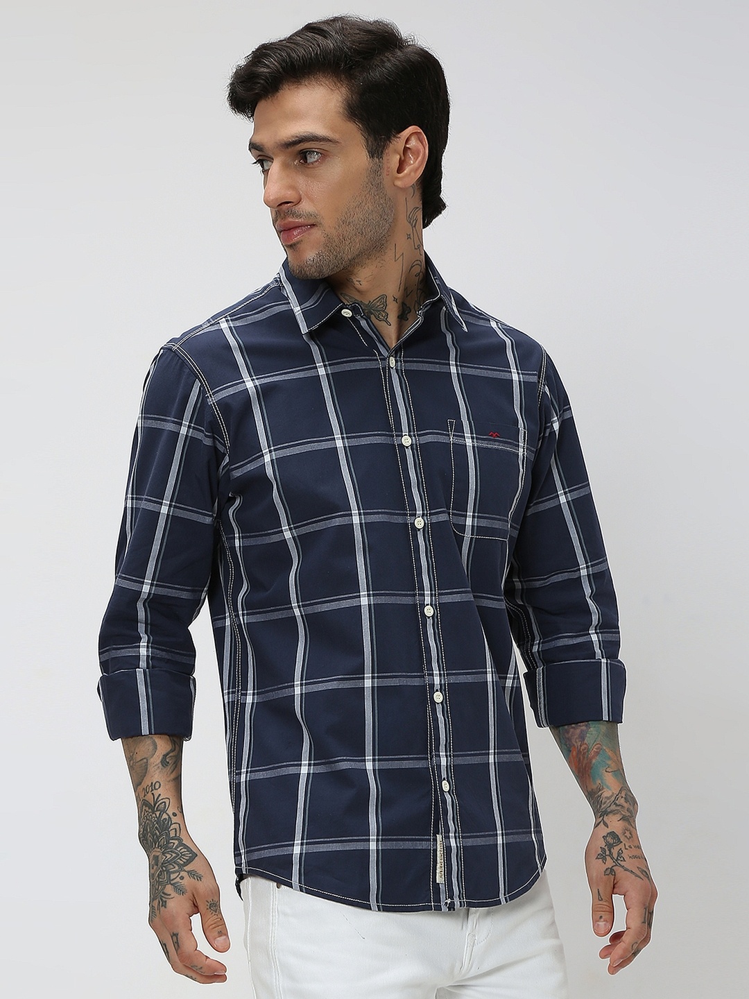 

Mufti Trim Slim Fit Windowpane Checked Casual Pure Cotton Shirt, Navy blue