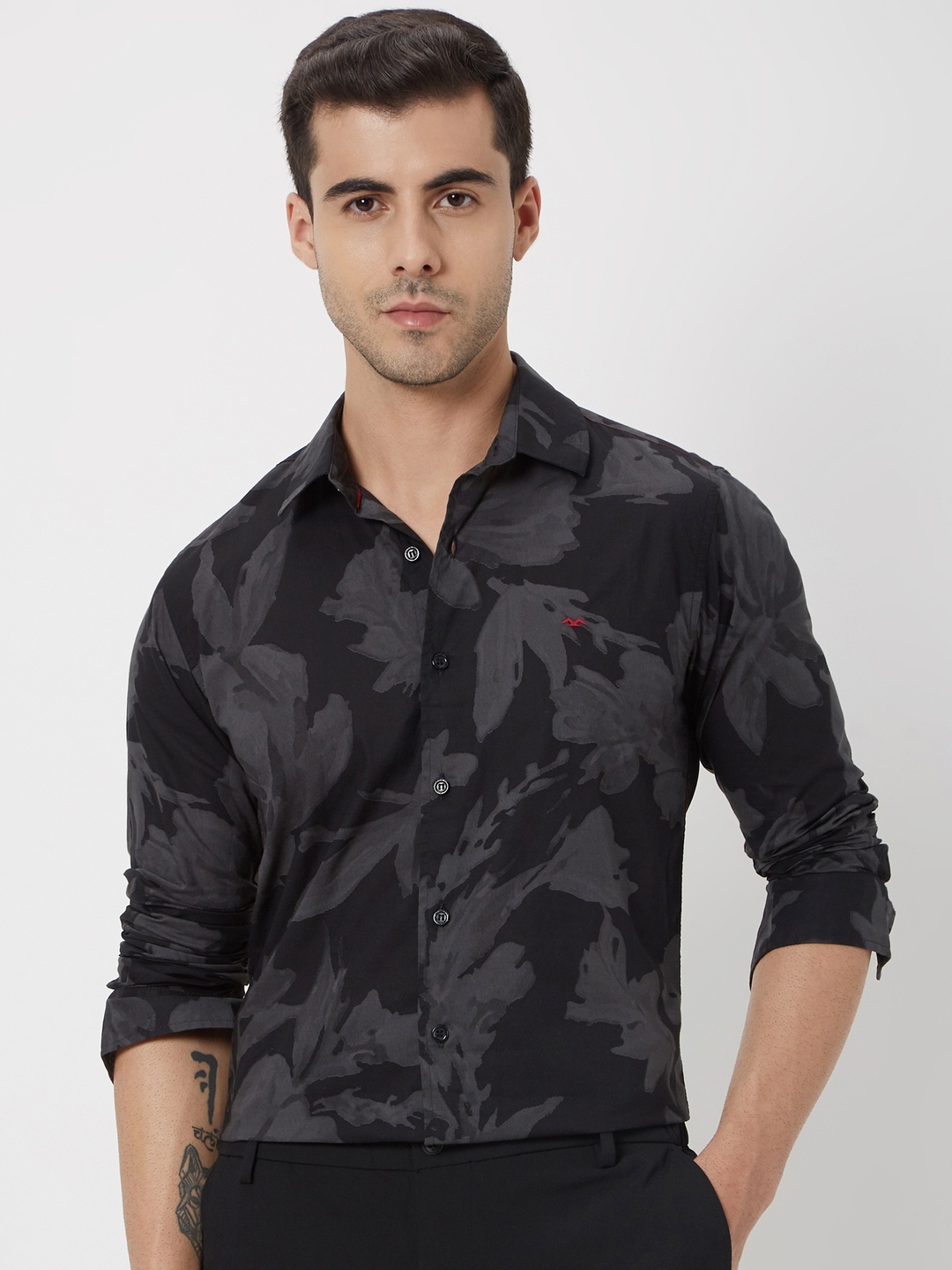 

Mufti Trim Slim Fit Floral Printed Casual Cotton Shirt, Black
