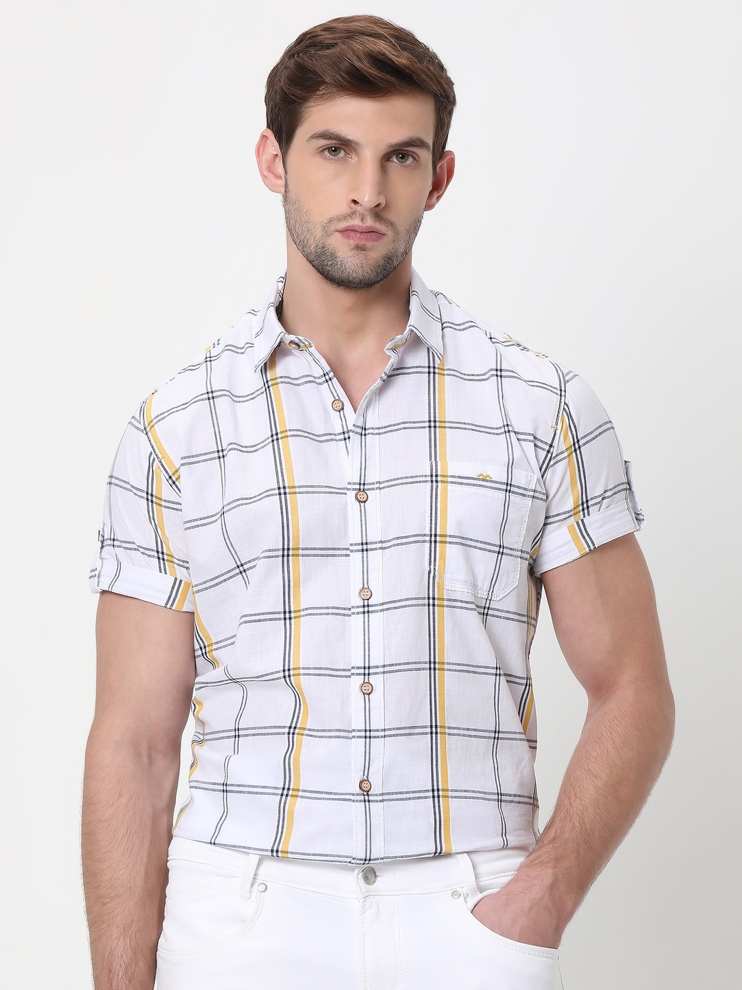 

Mufti Men Trim Slim Fit Checked Casual Pure Cotton Shirt, White