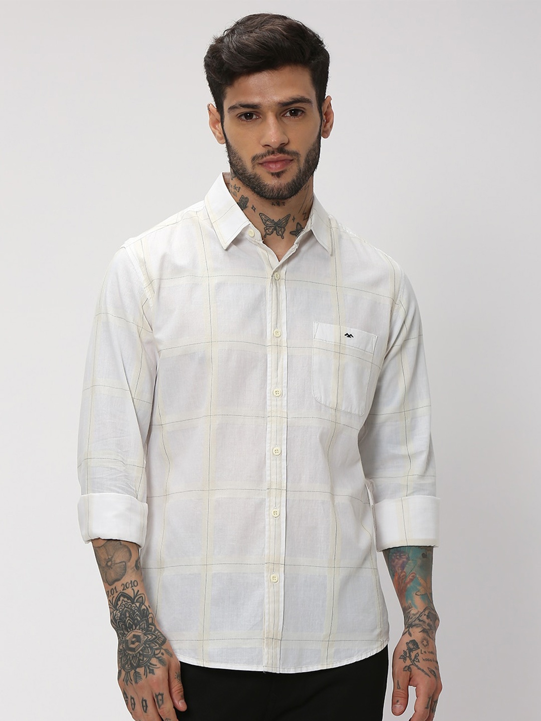 

Mufti Trim Slim Fit Checked Pure Cotton Casual Shirt, Off white