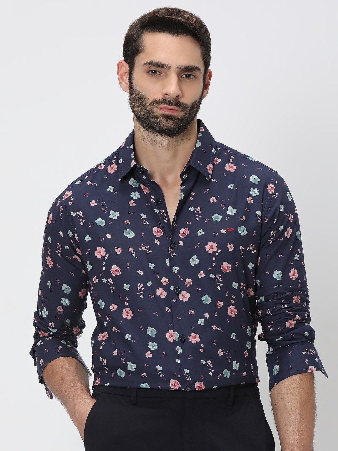 Mufti Plus Size Trim Slim Fit Floral Printed Casual Shirt, Navy blue