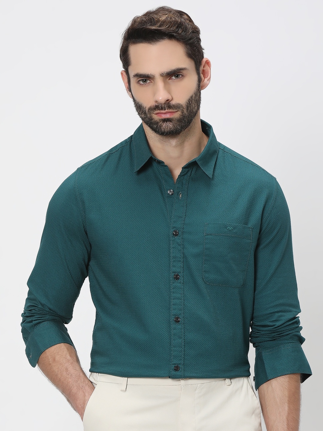 

Mufti Pure Cotton Slim Fit Trim Casual Shirt, Green