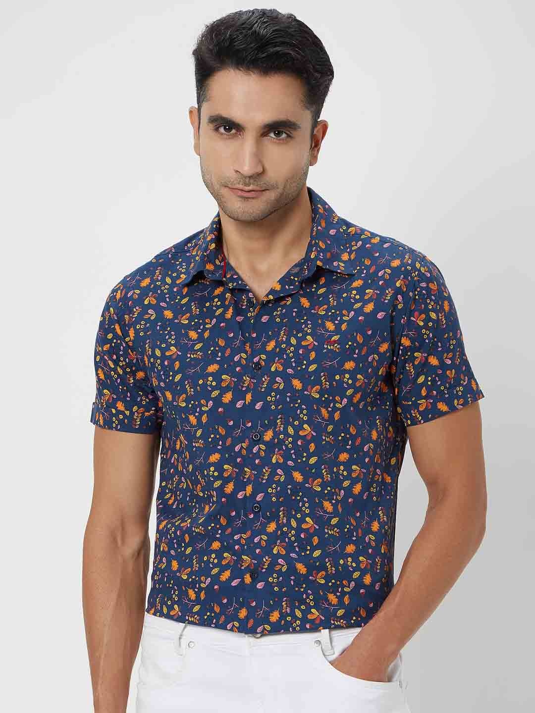 

Mufti Men Trim Slim Fit Floral Printed Casual Cotton Shirt, Blue