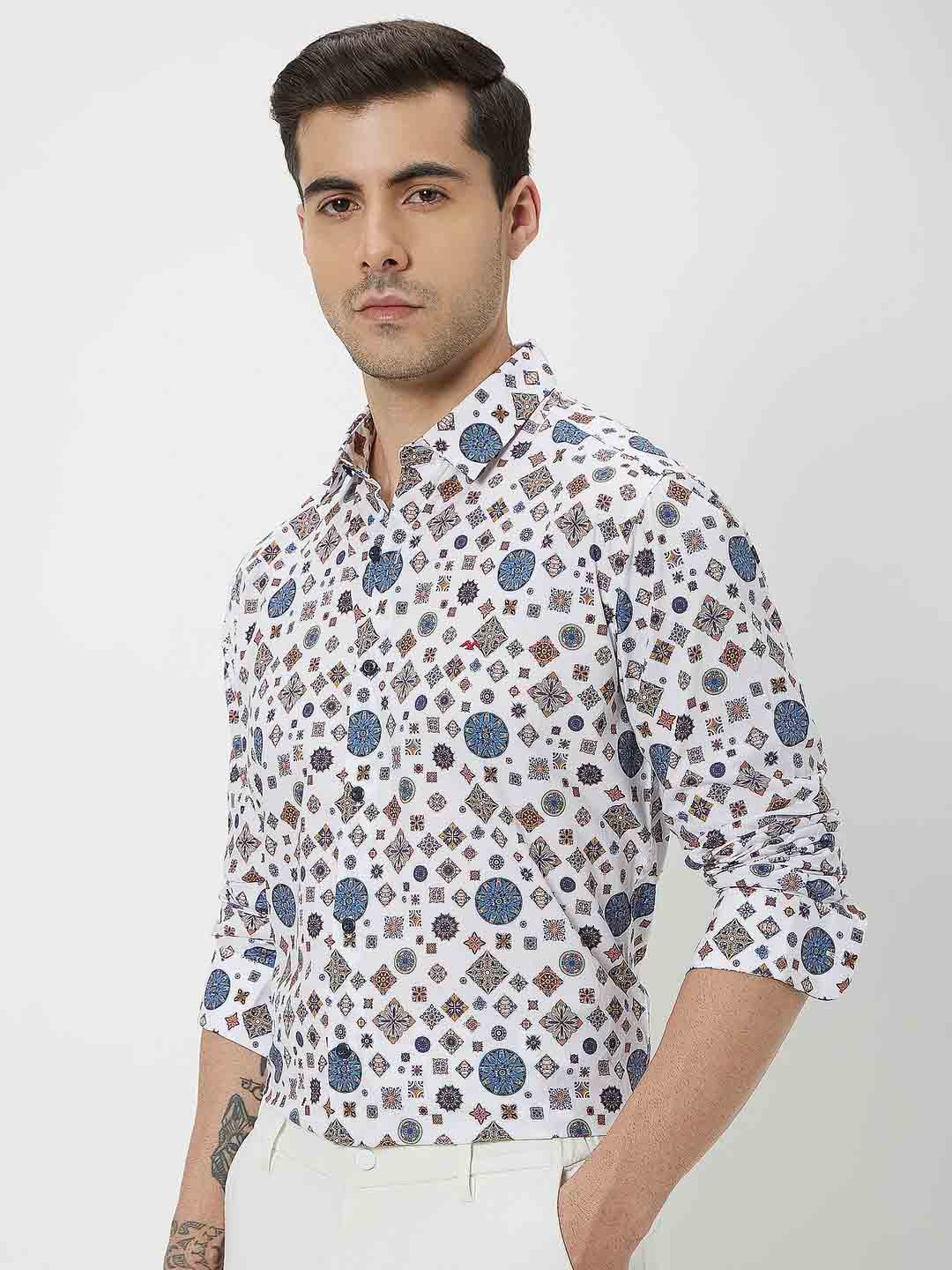 

Mufti Men Trim Slim Fit Ethnic Motifs Printed Pure Cotton Casual Shirt, White