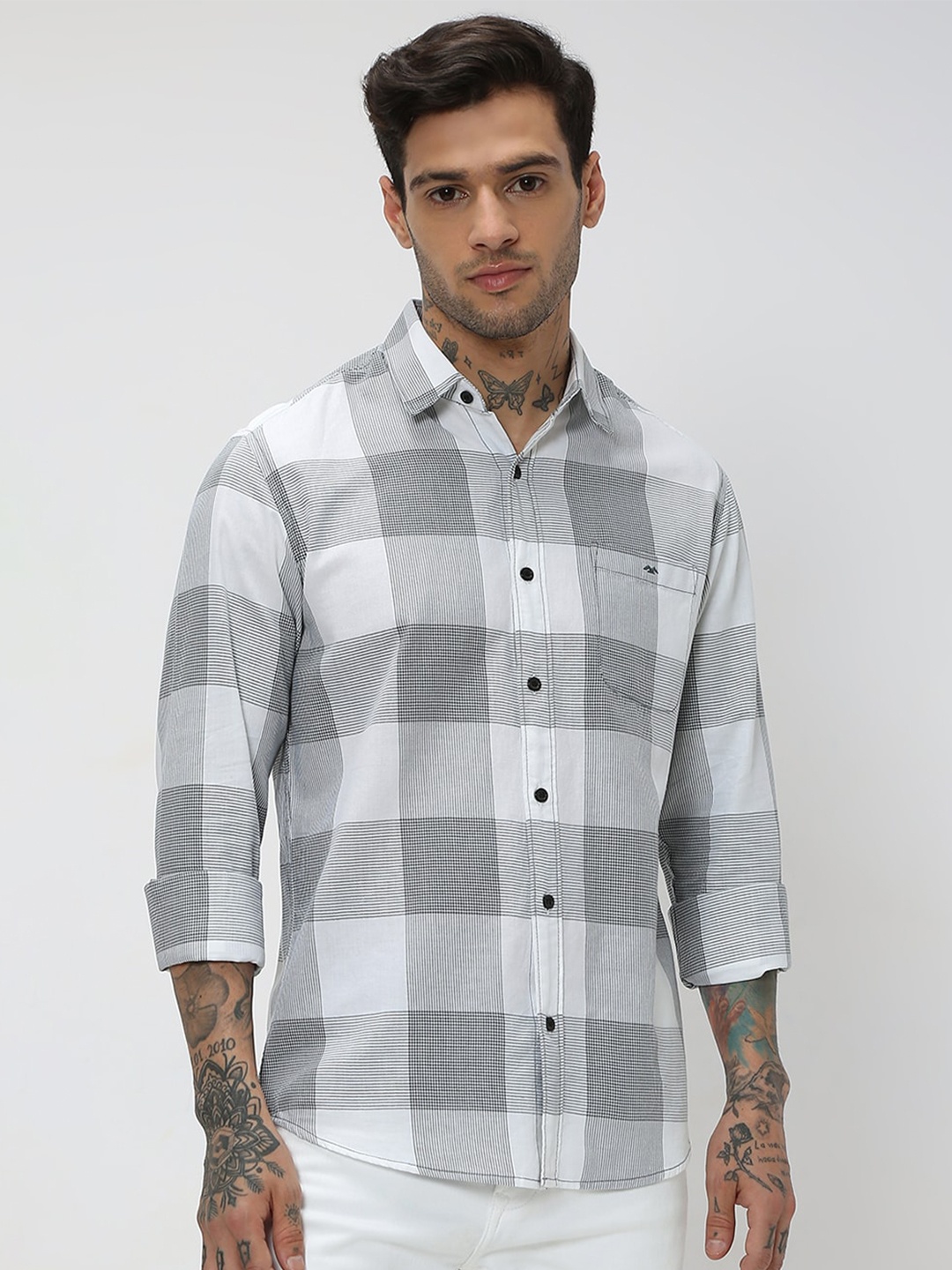 

Mufti Gingham Checked Trim Slim Fit Pure Cotton Casual Shirt, Grey