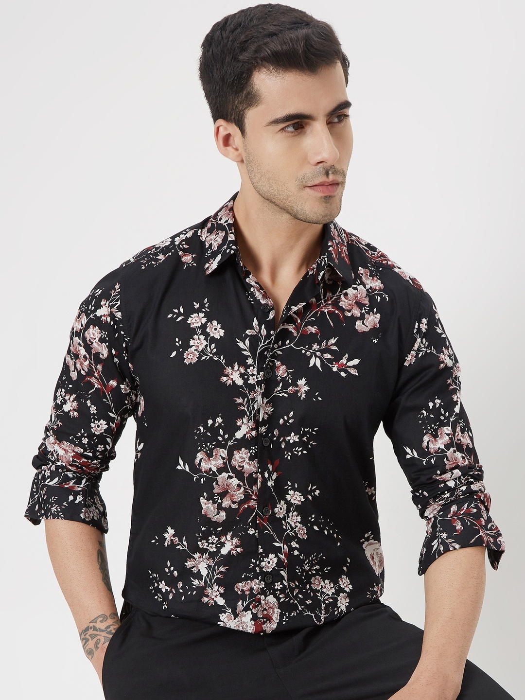 

Mufti Trim Slim Fit Floral Printed Casual Pure Cotton Shirt, Black