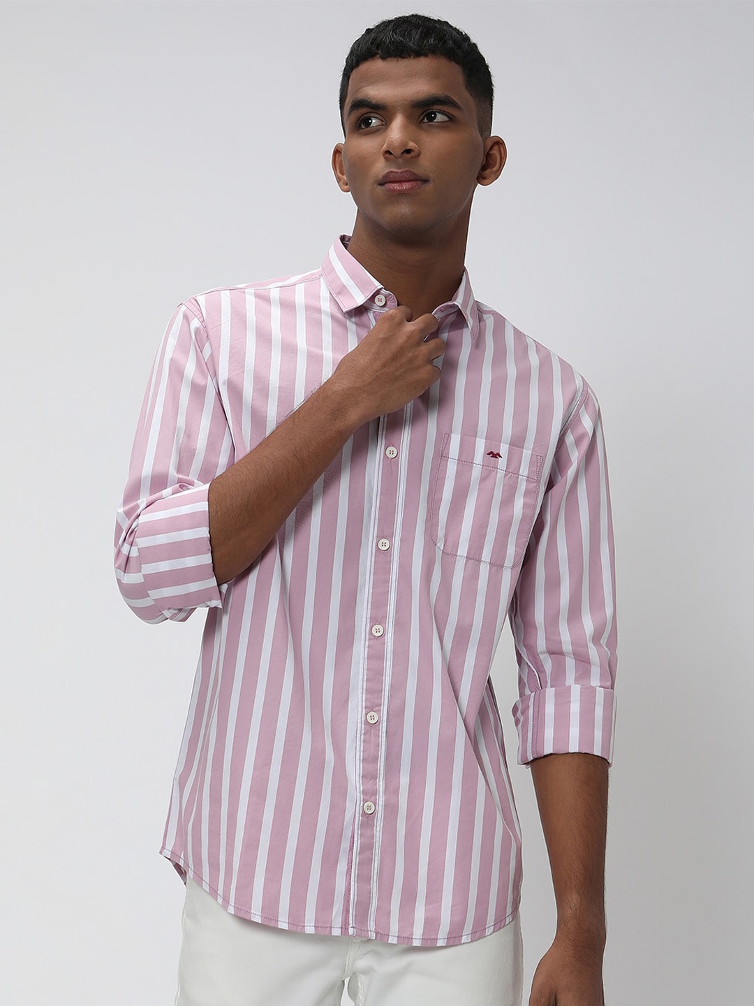 

Mufti Pure Cotton Trim Slim Fit Striped Casual Shirt, Pink