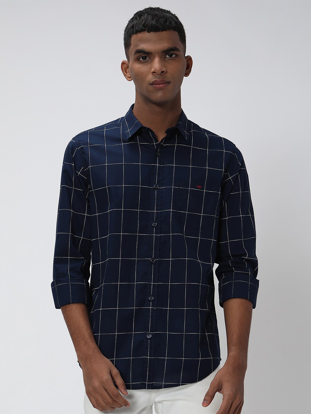 

Mufti Trim Slim Fit Windowpane Checks Checked Pure Cotton Casual Shirt, Navy blue