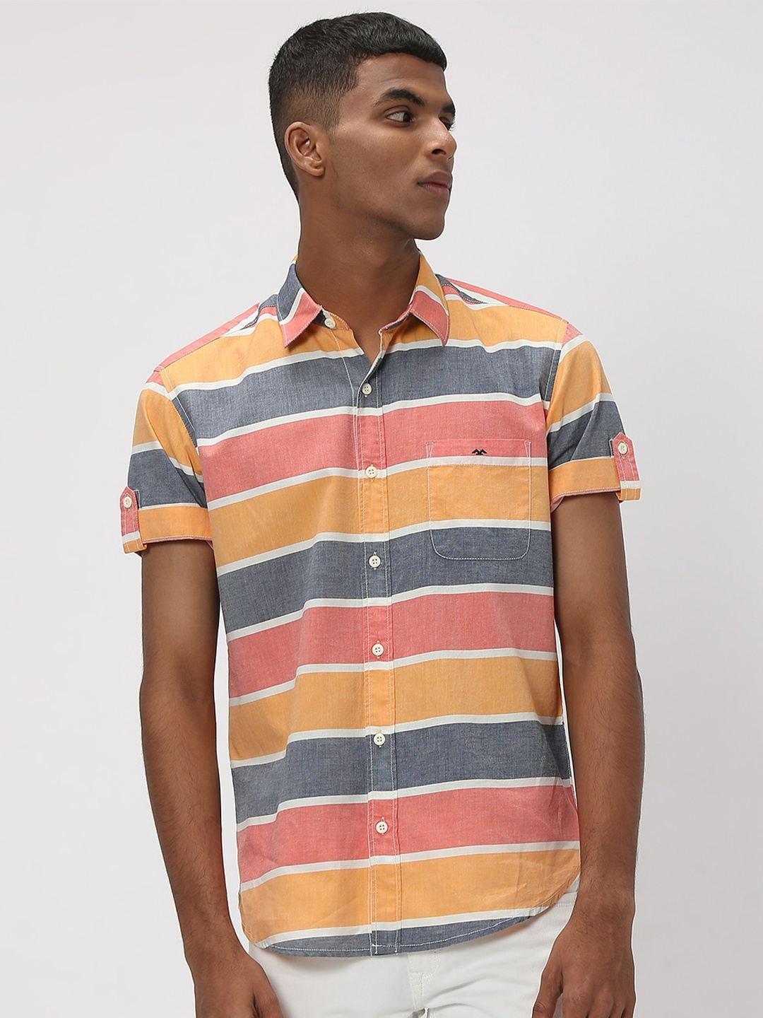 

Mufti Striped Trim Slim Fit Pure Cotton Casual Shirt, Orange