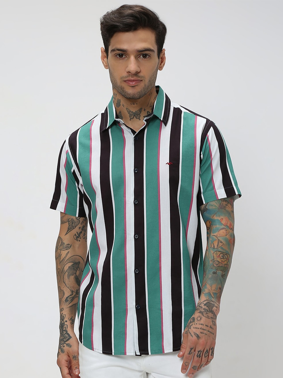 

Mufti Trim Slim Fit Vertical Striped Casual Shirt, Green
