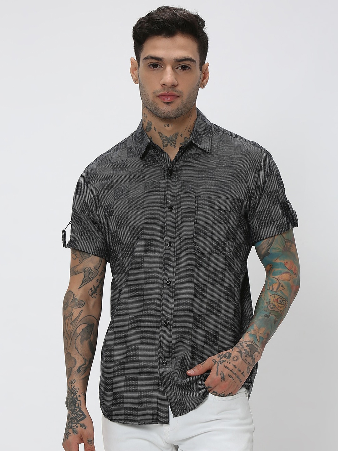 

Mufti Checked Pure Cotton Slim Fit Casual Shirt, Black