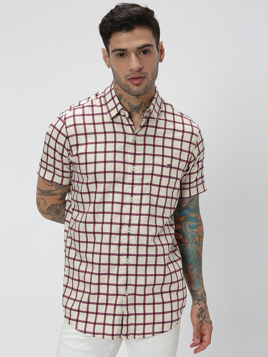 

Mufti Trim Plus Size Slim Fit Tartan Checked Cotton Casual Shirt, Off white