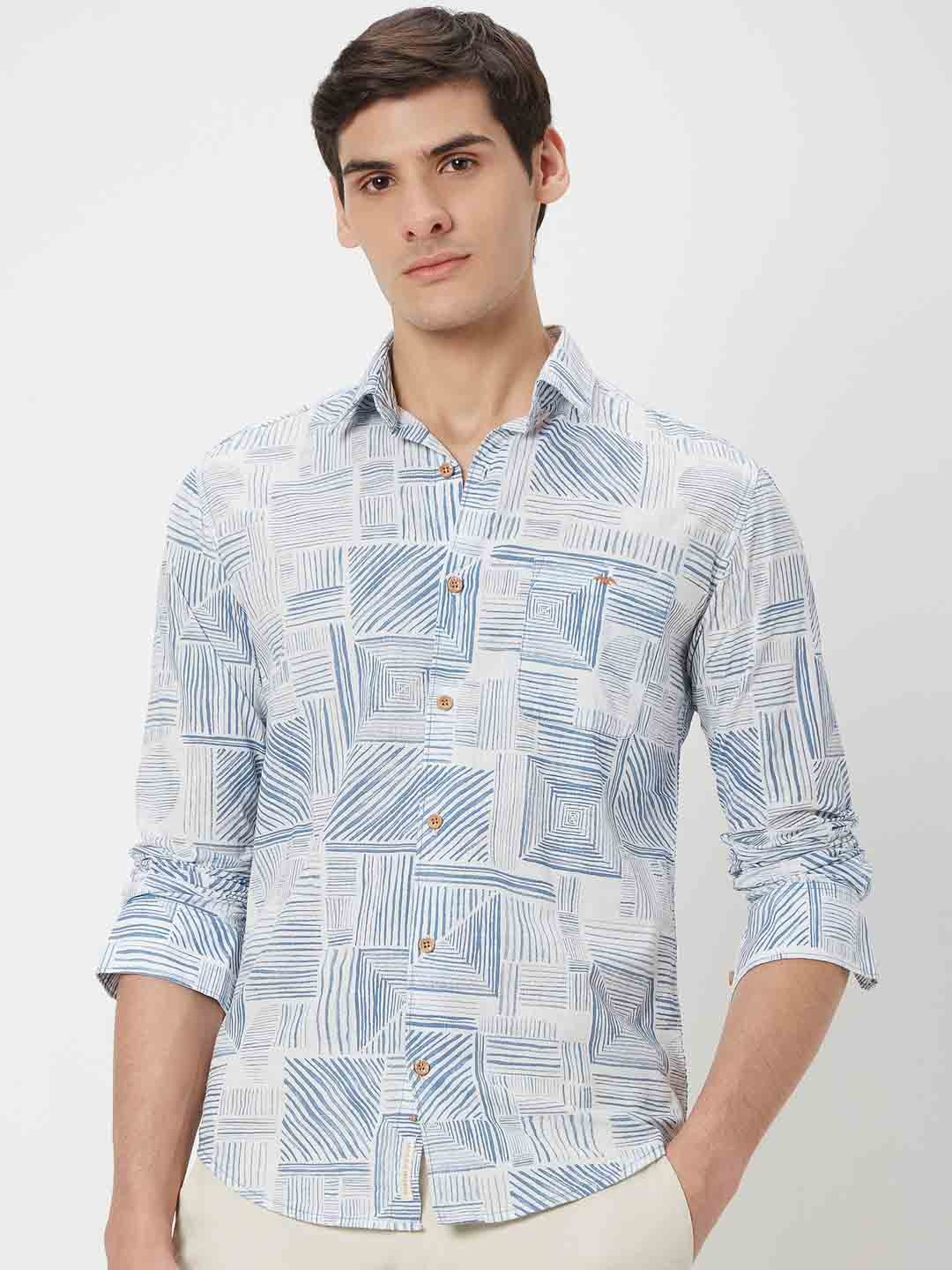 

Mufti Geometric Printed Trim Slim Fit Casual Pure Cotton Shirt, Blue