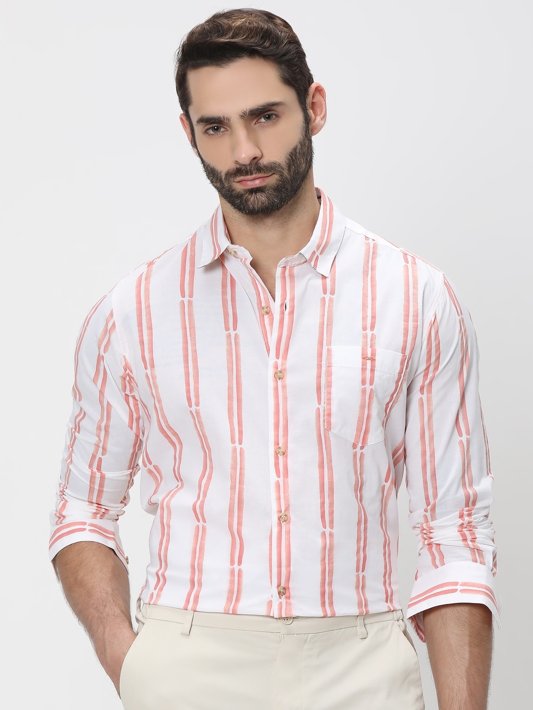 

Mufti Men Trim Slim Fit Sheer Striped Casual Cotton Shirt, Peach