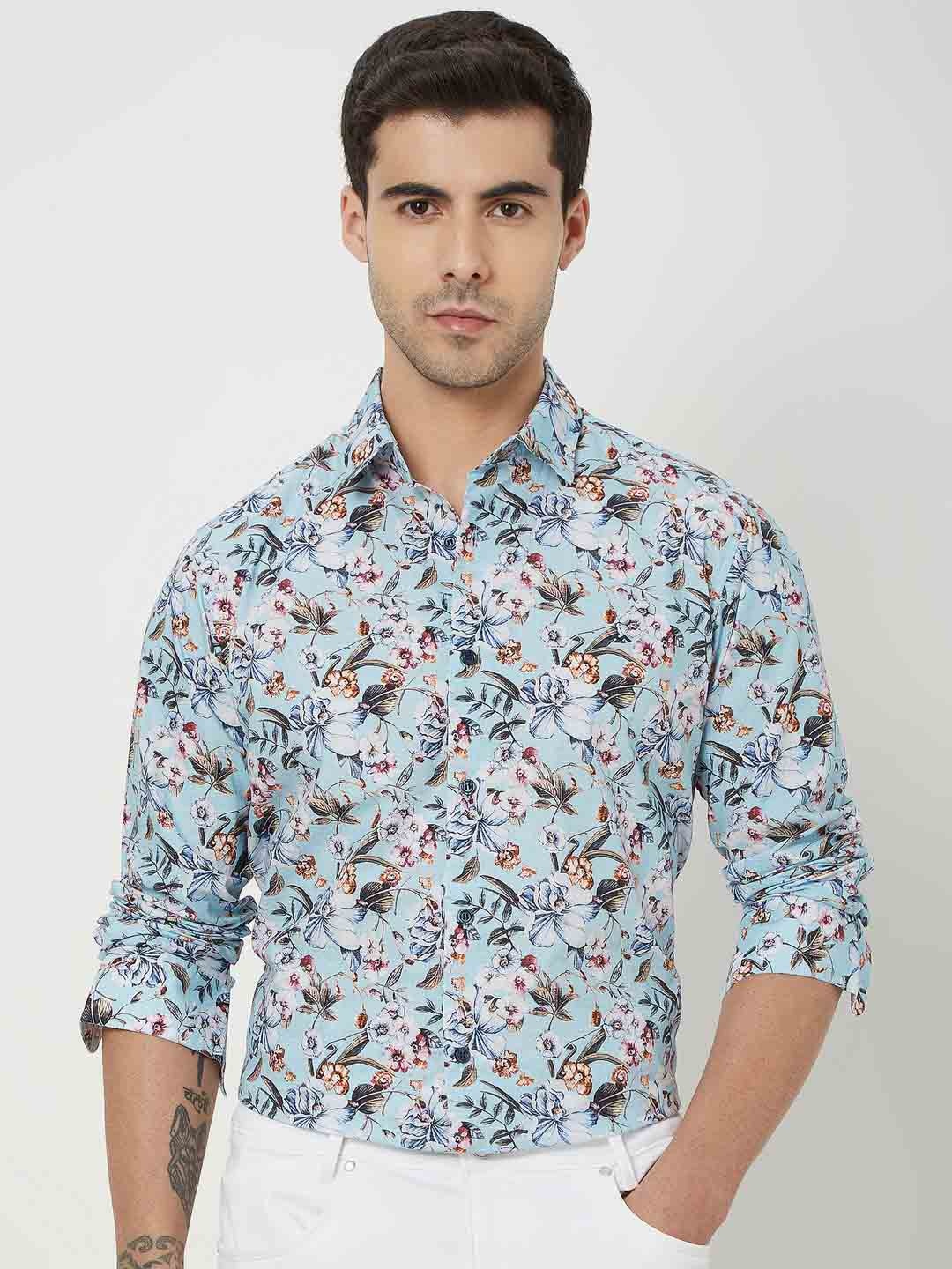 

Mufti Floral Printed Trim Slim Fit Pure Cotton Casual Shirt, Blue