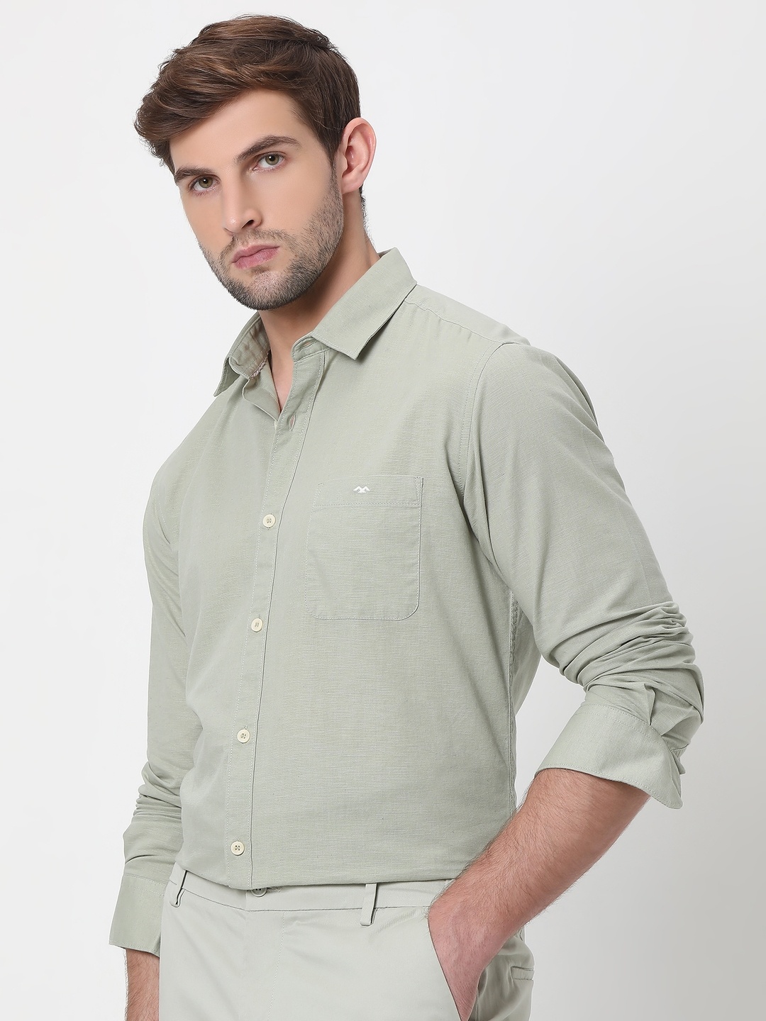 

Mufti Trim Slim Fit Cotton Linen Casual Shirt, Olive