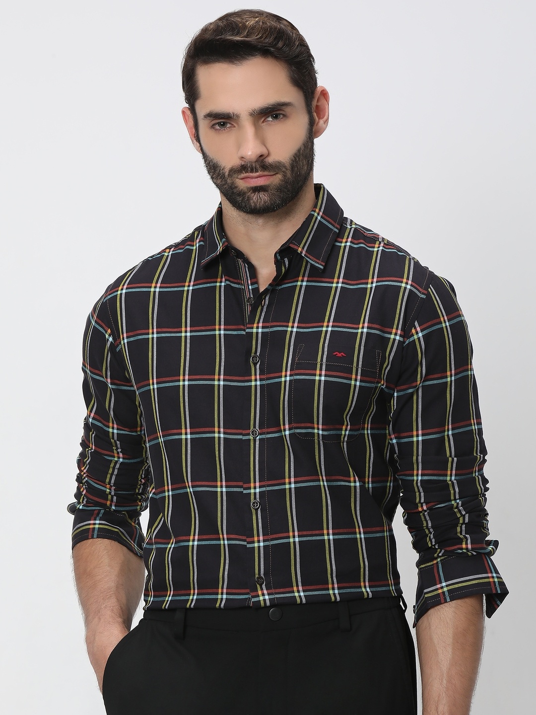 

Mufti Tartan Checked Trim Slim Fit Pure Cotton Casual Shirt, Black