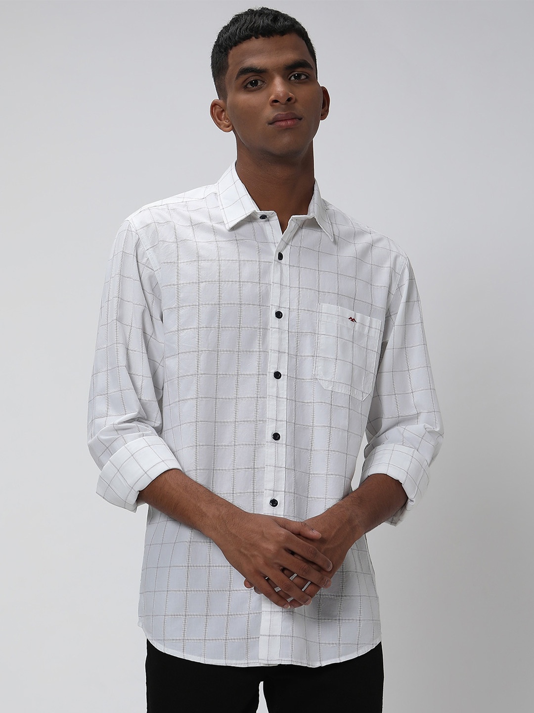 

Mufti Grid Tattersall Checked Pure Cotton Slim Fit Sheer Trim Casual Shirt, White