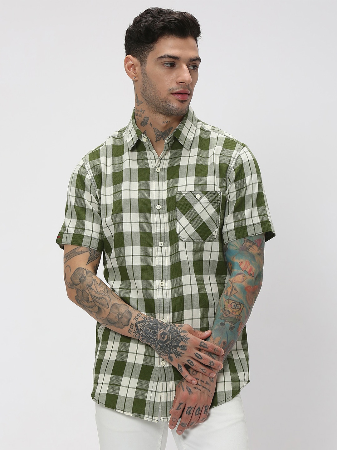 

Mufti Tartan Checks Cotton Casual Shirt, Olive