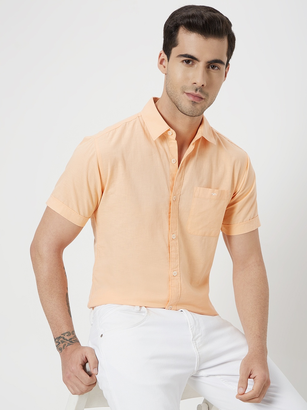 

Mufti Trim Plus Size Spread Collar Slim Fit Cotton Linen Casual Shirt, Peach