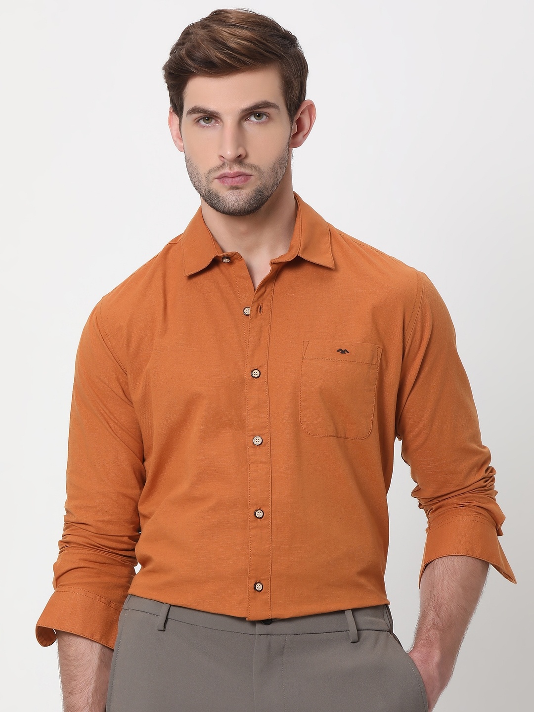

Mufti Trim Plus Size Slim Fit Cotton Linen Casual Shirt, Rust