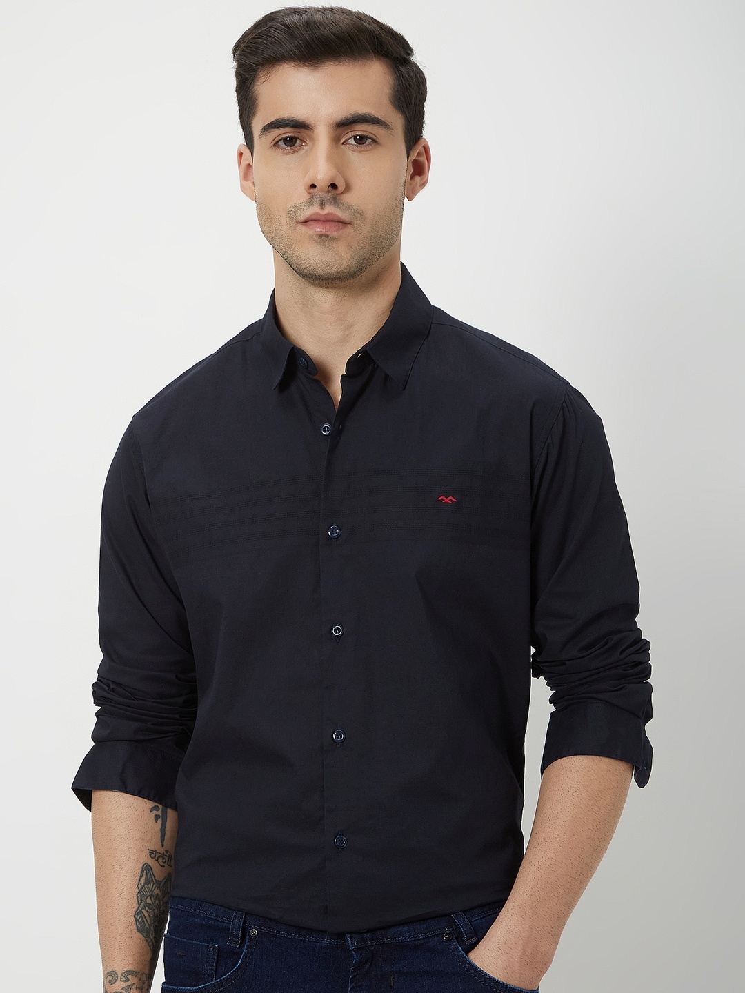 

Mufti Plus Size Trim Slim Fit Pure Cotton Casual Shirt, Navy blue
