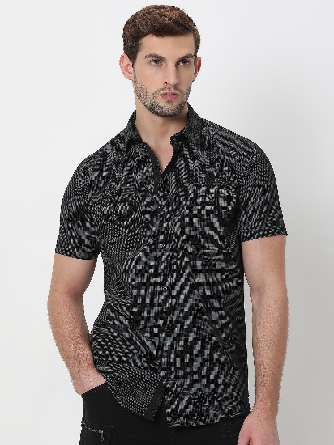 

Mufti Trim Slim Fit Camouflage Printed Casual Pure Cotton Shirt, Black