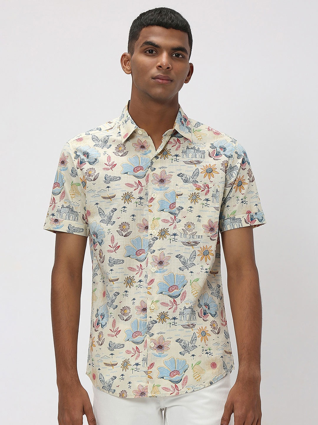 

Mufti Floral Printed Pure Cotton Trim Slim Fit Casual Shirt, Off white