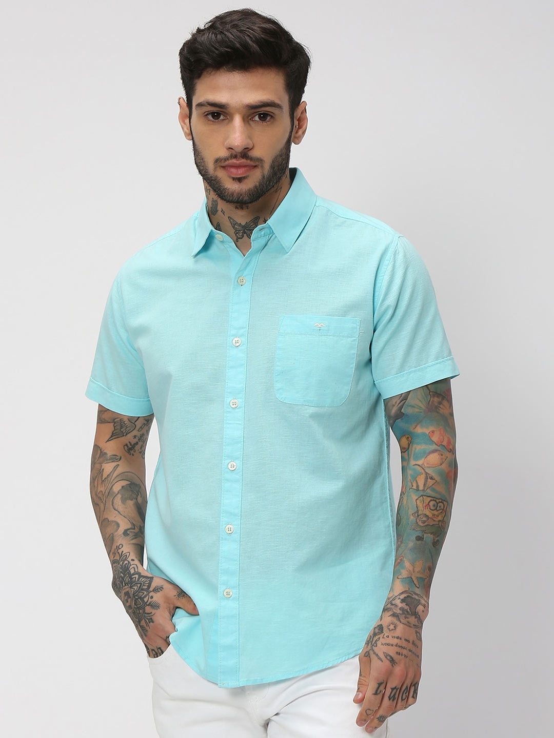 

Mufti Trim Slim Fit Casual Linen Cotton Shirt, Turquoise blue