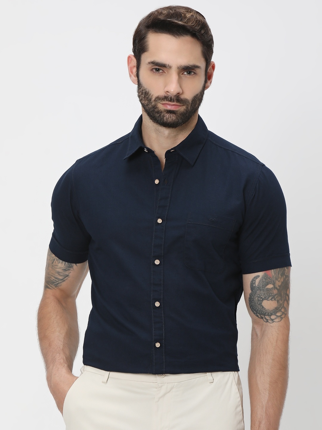 

Mufti Trim Slim Fit Sheer Casual Cotton Linen Shirt, Navy blue